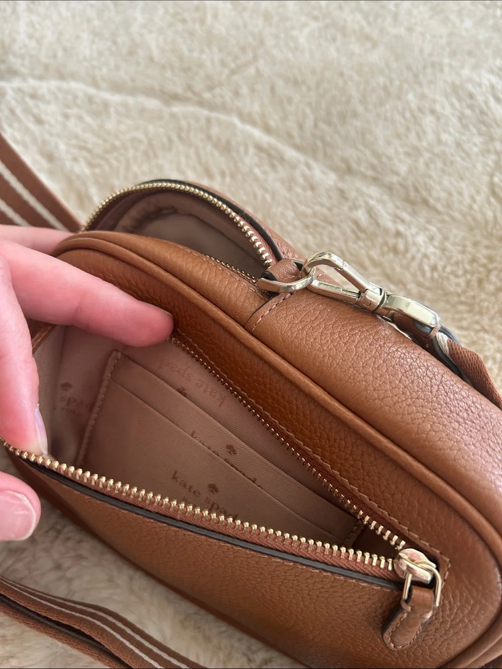 kate spade brown pebbled leather belt bag with striped strap
